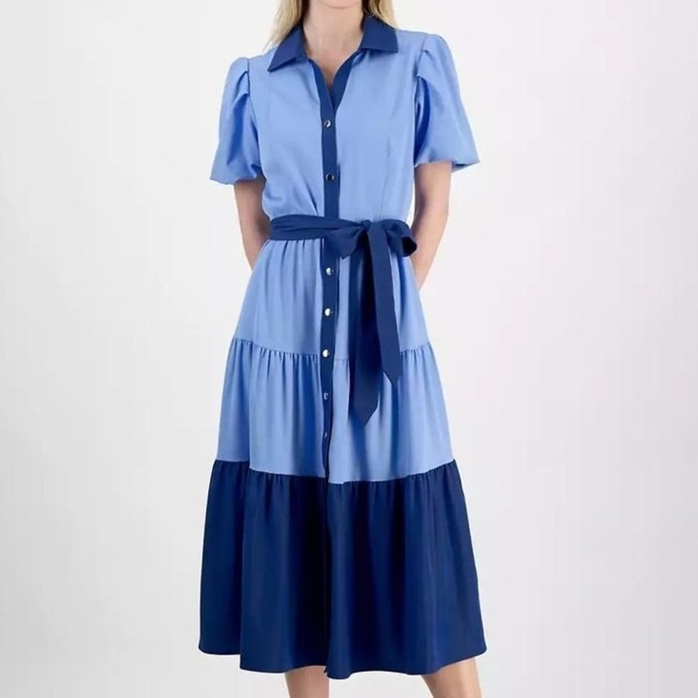 Tahari Puff Sleeve Belted Tiered Button Dress Water Drop Blue Marina 14 READ
